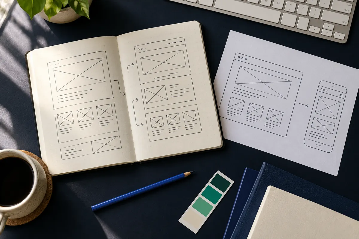 Cena ilustrativa de caderno com esboços de páginas para computador e celular